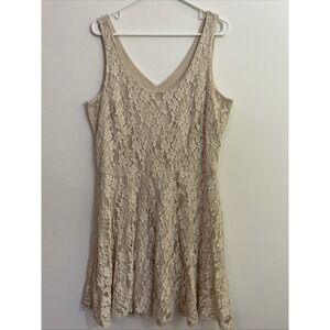 Deb Y2K Floral Lace Skater Dress 2X Cream Tan Sleeveless Boho Festival Stretchy